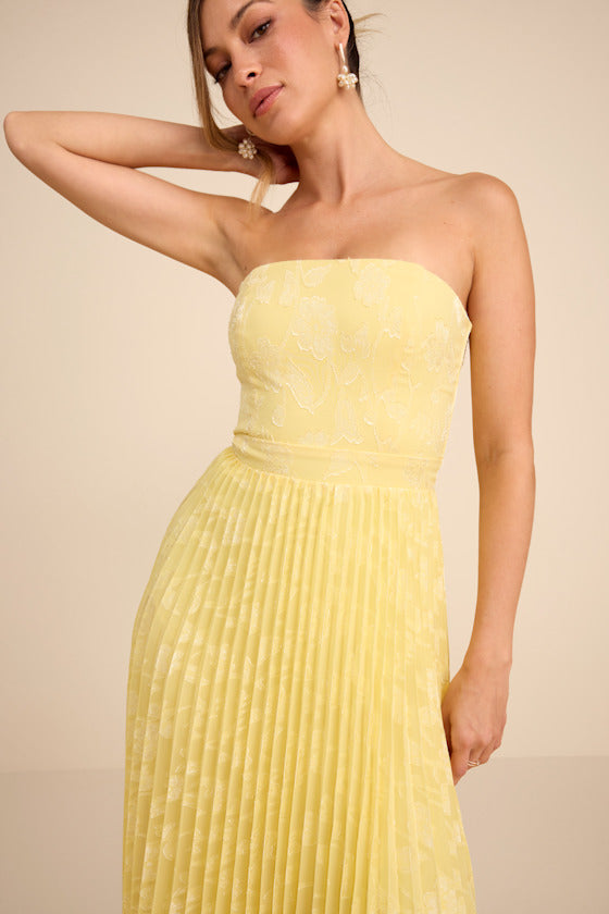 Perfectly Stunning Yellow Jacquard Strapless Midi Dress #Color_Yellow