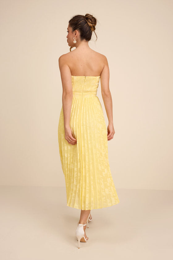 Perfectly Stunning Yellow Jacquard Strapless Midi Dress #Color_Yellow