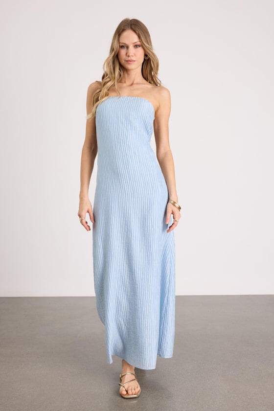 Radiant Season Light Blue Plisse Cutout Strapless Maxi Dress #Color_Light Blue