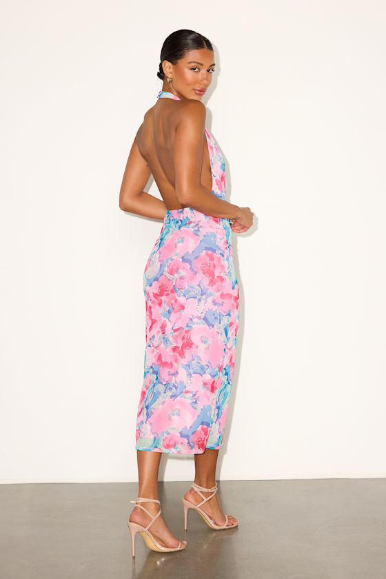 Venus Coral Mesh Backless Midi Dress