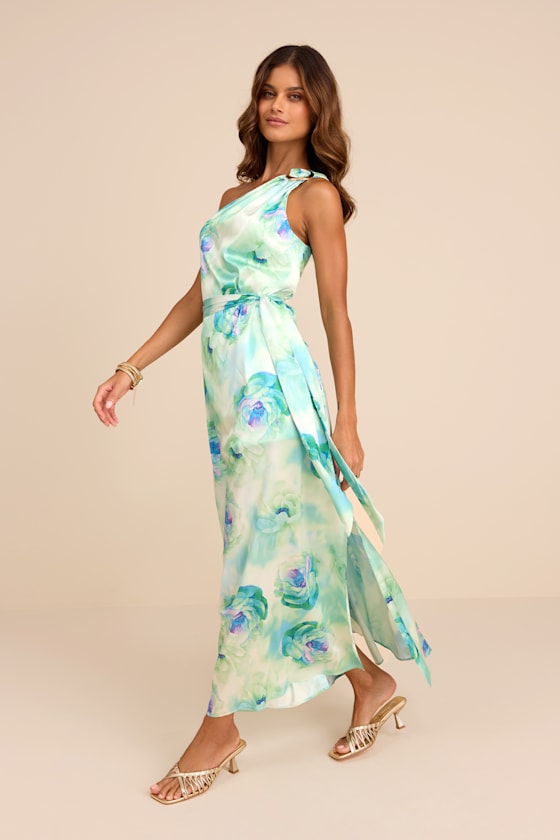 Goddess Aura Light Green Floral Satin One-Shoulder Maxi Dress #Color_Light Green Floral