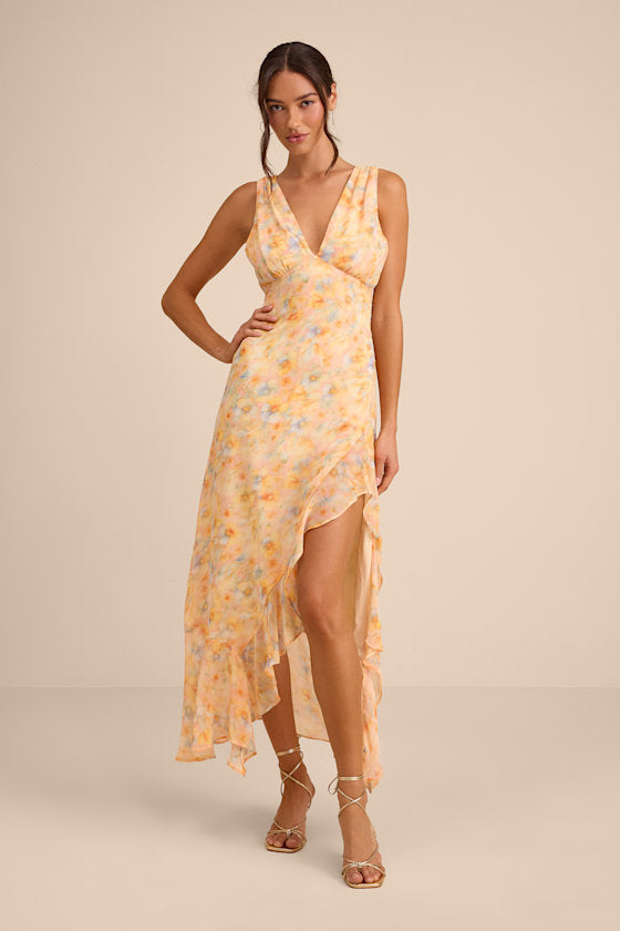 Laraline Peach Multi Floral Ruffled Cowl Back Maxi Dress #Color_Peach Multi Floral