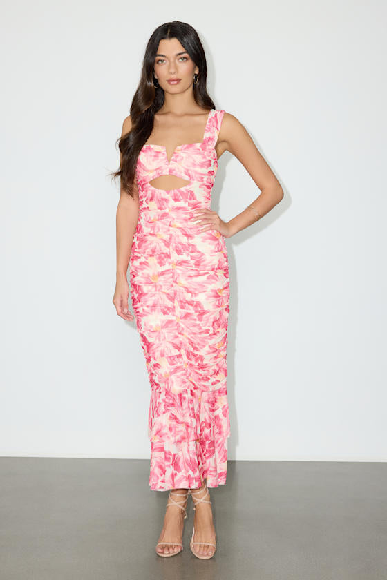 Aelara Hot Pink Mesh Ruched Trumpet Midi Dress