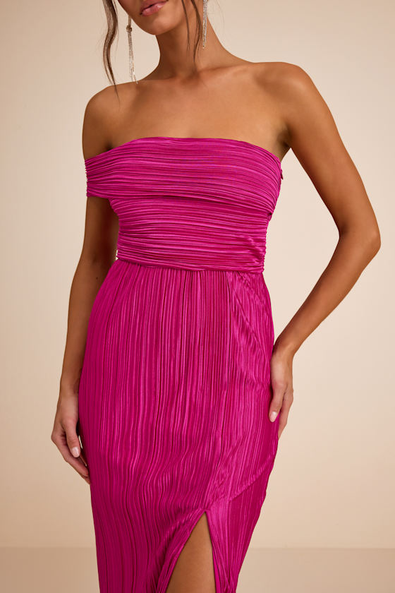 Poised Performance Fuchsia Plisse One-Shoulder Maxi Dress #Color_Fuchsia