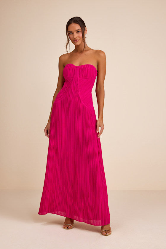 Narasha Fuchsia Pleated Strapless Maxi Dress #Color_Fuchsia