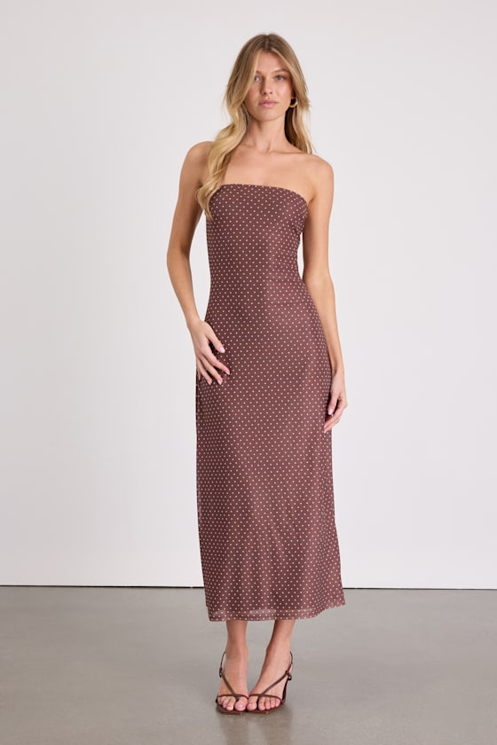 Jaylah Brown Polka Dot Mesh Strapless Midi Dress #Color_Brown Polka Dot