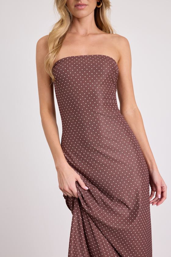 Jaylah Brown Polka Dot Mesh Strapless Midi Dress #Color_Brown Polka Dot