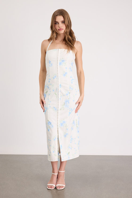 Arrosa White Floral Halter Midi Dress #Color_White Floral