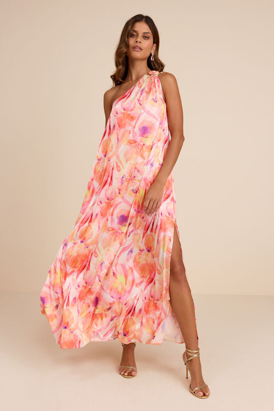 Goddess Aura Orange Multi Floral Satin One-Shoulder Maxi Dress #Color_Orange Floral