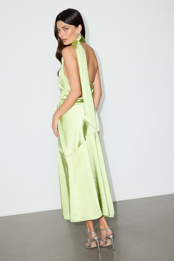 Reglan Lime Satin One-Shoulder Sash Midi Dress #Color_Lime Green