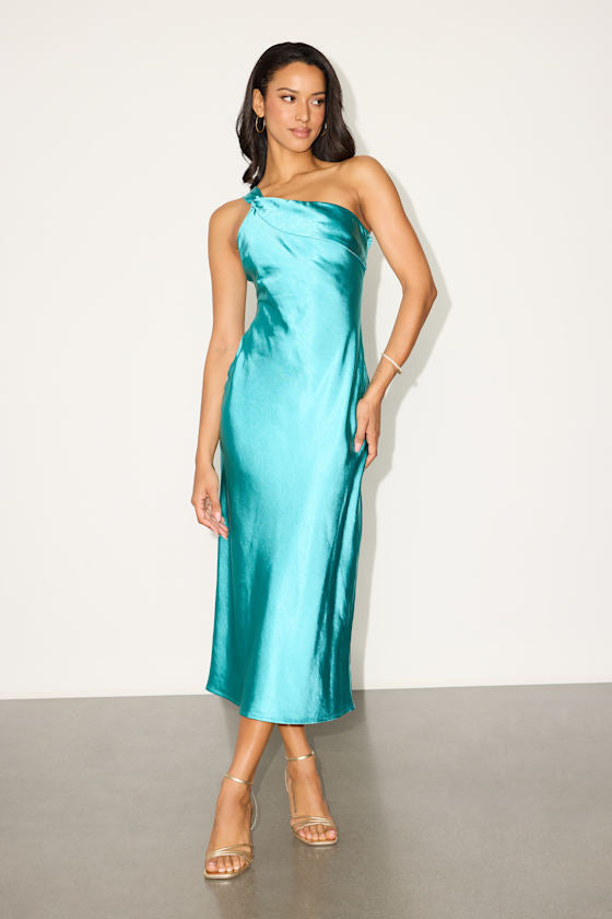 Naima Turquoise Satin One-Shoulder Midi Dress #Color_Turquoise