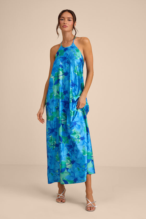 Imana Blue and Green Floral Satin Shift Midi Dress #Color_Blue and Green Floral