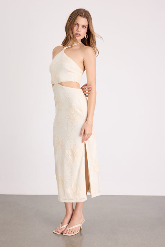 Larissa Cream Embroidered Halter Crochet Midi Dress #Color_Cream