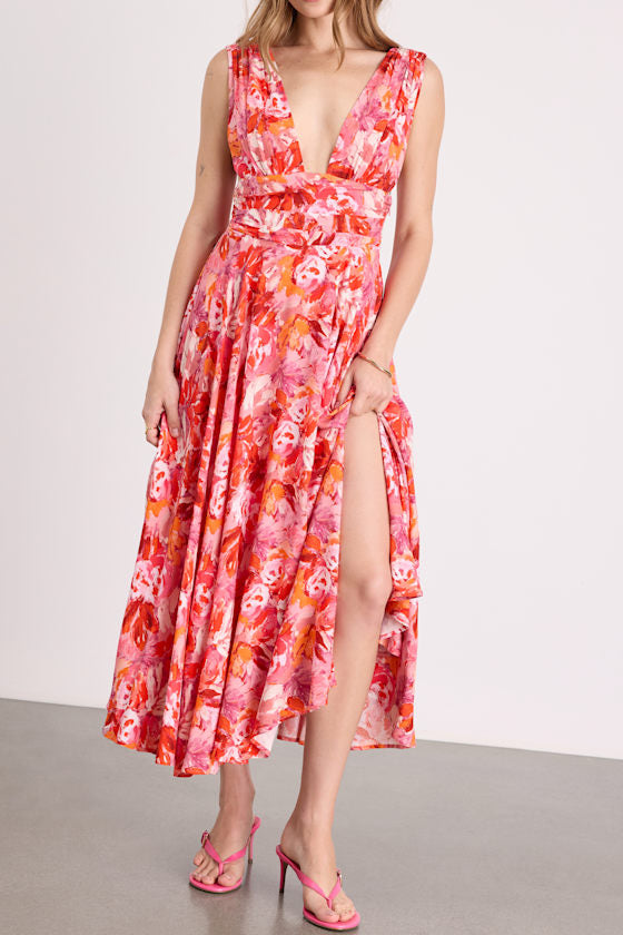 Jaden Pink Multi Abstract Sleeveless Midi Dress #Color_Pink Multi Abstract