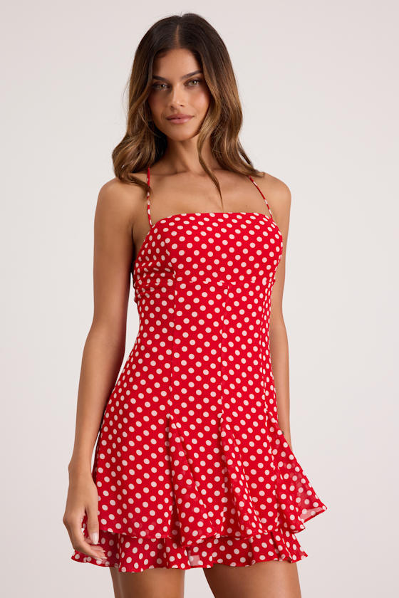 Perfected Sweetness Red Polka Dot Pleated Tiered Mini Dress #Color_Red Polka Dot