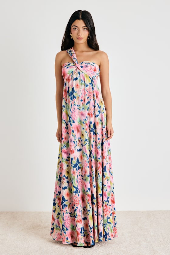 Georgianna Pink Multi Floral Plisse Maxi Dress #Color_Pink Multi Floral