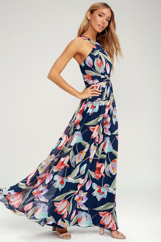 Lilja Navy Blue Floral Print Maxi Dress #Color_Navy Blue Floral Print