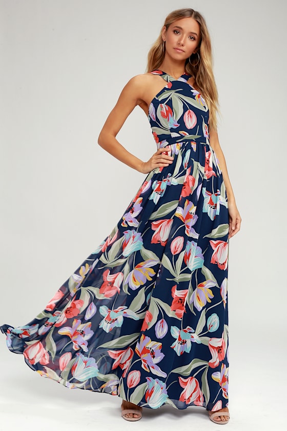 Lilja Navy Blue Floral Print Maxi Dress #Color_Navy Blue Floral Print