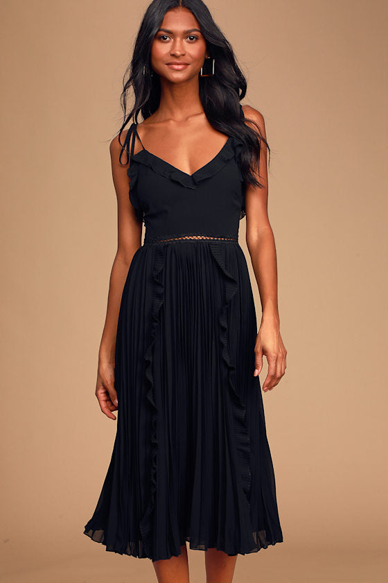Never a Dull Moment Black Tie-Strap Pleated Midi Dress #Color_Black