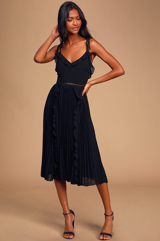 Never a Dull Moment Black Tie-Strap Pleated Midi Dress #Color_Black
