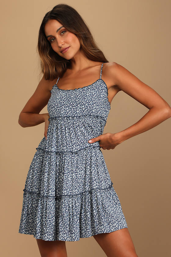 Sitting in the Sun Navy Blue Floral Print Ruffled Babydoll Dress #Color_Navy Blue