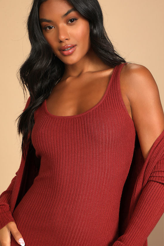 Layer Lover Brown Ribbed Knit Two-Piece Dress & Cardigan Set