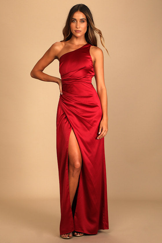 Dreaming of Elegance Wine Red Satin One-Shoulder Maxi Dress #Color_Wine Red