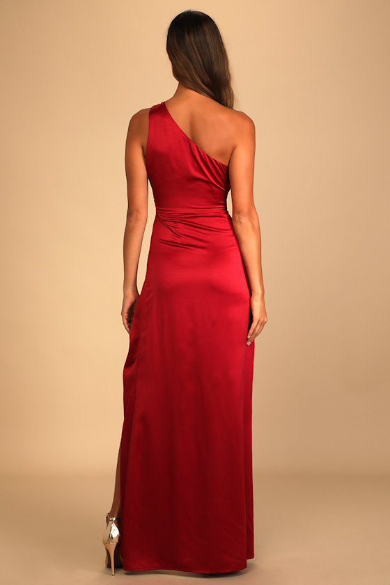 Dreaming of Elegance Wine Red Satin One-Shoulder Maxi Dress #Color_Wine Red