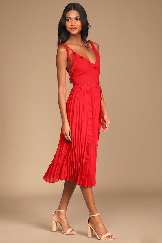 Never a Dull Moment Bright Red Tie-Strap Pleated Midi Dress #Color_Bright Red