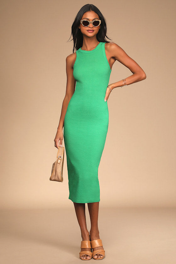 Majorly Trendy Green Ribbed Bodycon Midi Dress #Color_Green