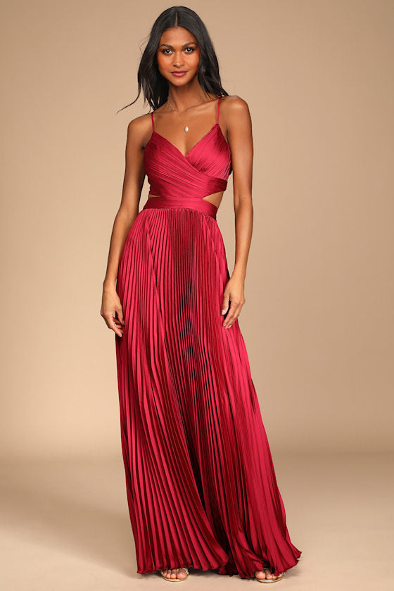 Got the Glam Wine Red Pleated Cutout Maxi Dress #Color_Wine Red