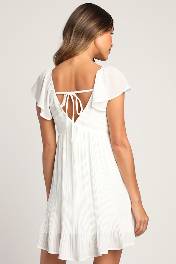 Amalfi Coast White Pleated Flutter Sleeve Mini Dress #Color_White