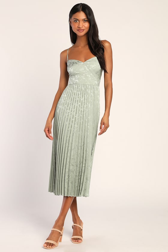 Regal Romance Sage Floral Jacquard Pleated Satin Midi Dress #Color_Sage Floral