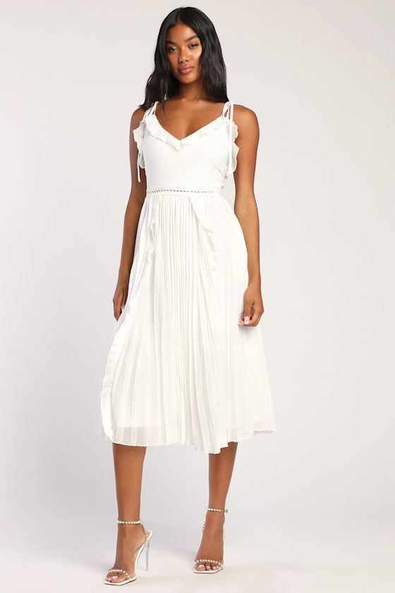 Never a Dull Moment White Tie-Strap Pleated Midi Dress #Color_White