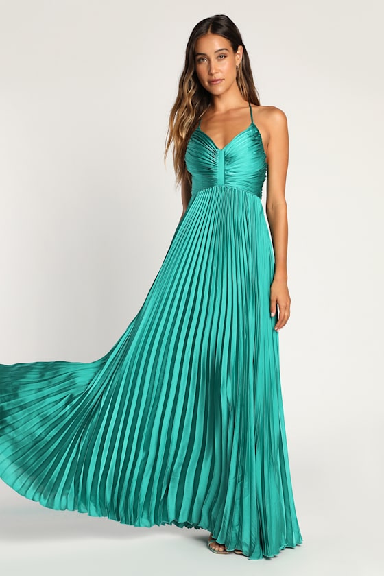 Dreaming in Color Green V-Neck Pleated Satin Maxi Dress #Color_Green