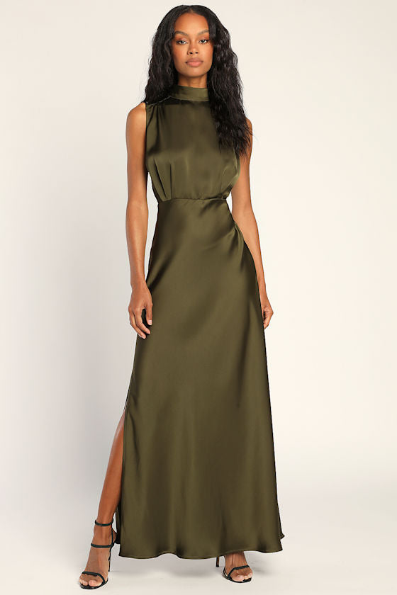 Classic Elegance Olive Satin Sleeveless Mock Neck Maxi Dress #Color_Olive