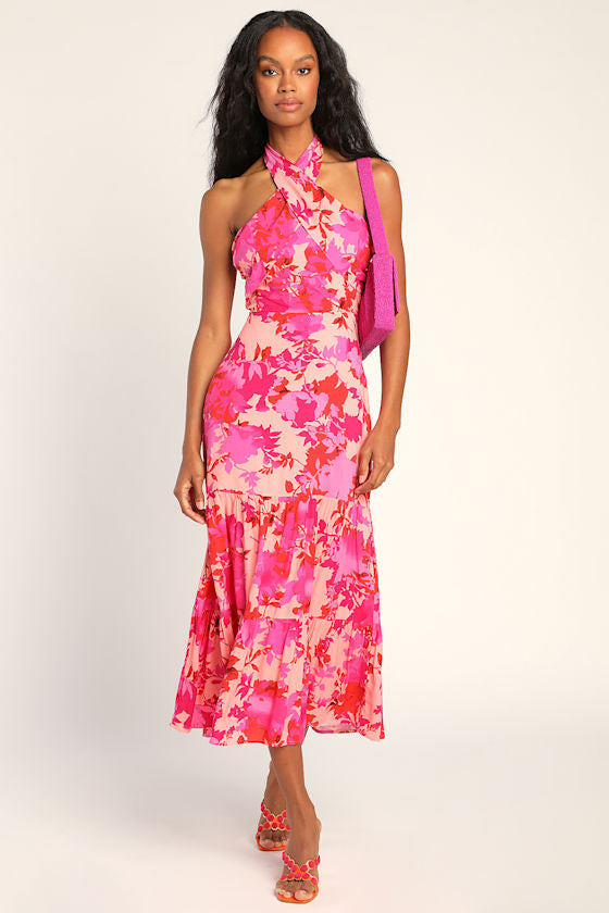 Always Eye-Catching Hot Pink Floral Tiered Halter Midi Dress #Color_Hot Pink Floral