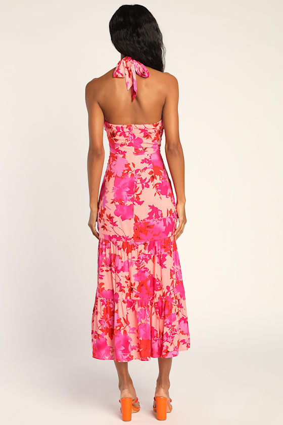 Always Eye-Catching Hot Pink Floral Tiered Halter Midi Dress #Color_Hot Pink Floral