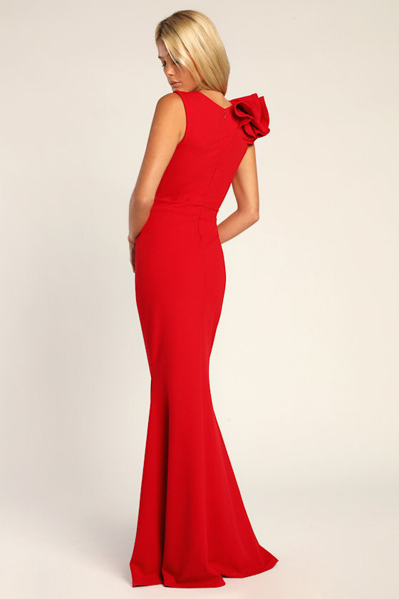 Lucette Red Sleeveless Ruffled Mermaid Maxi Dress #Color_Red