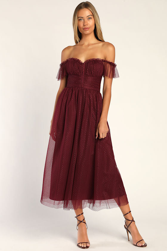 Regal Radiance Burgundy Tulle Bustier Midi Dress #Color_Burgundy