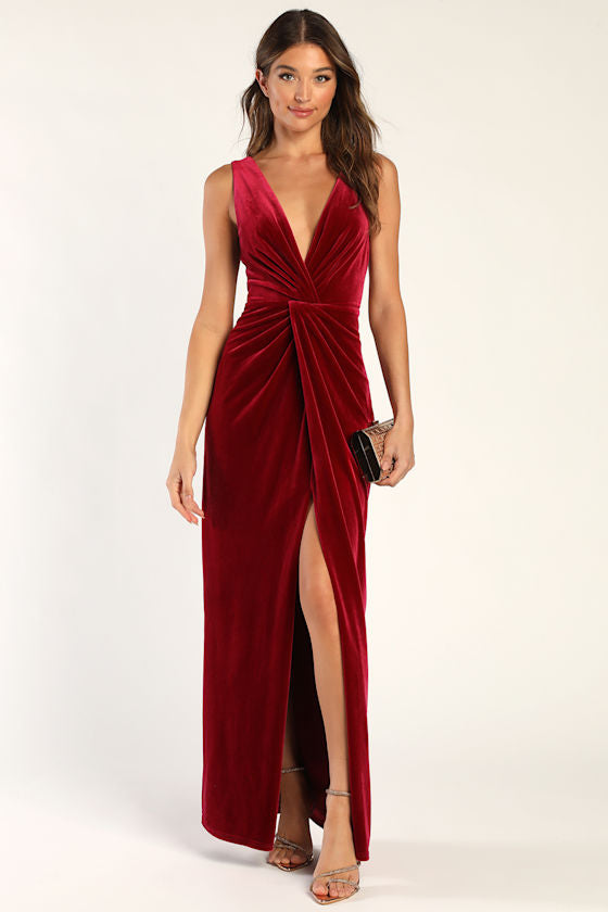 Beautiful Evenings Wine Red Velvet Twist-Front Maxi Dress #Color_Wine Red